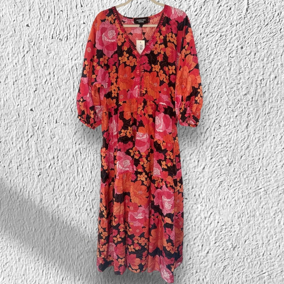 Johnny Was NWT ($480)Becca Dolman-Sleeve Floral Silk Tiered Midi DressL